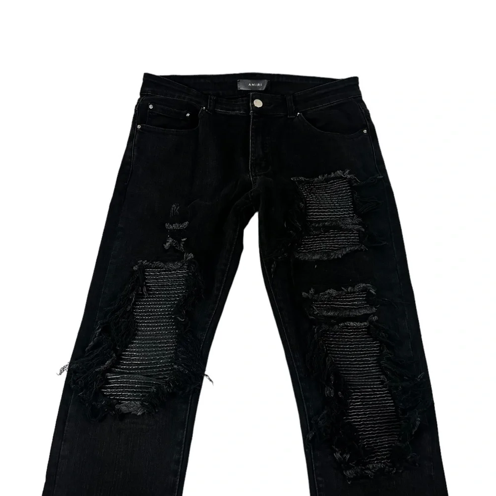Amiri Mens 30 X 31 Jeans Leather Patch Ripped Skinny Black Cotton Blend Stretch - Picture 8 of 11